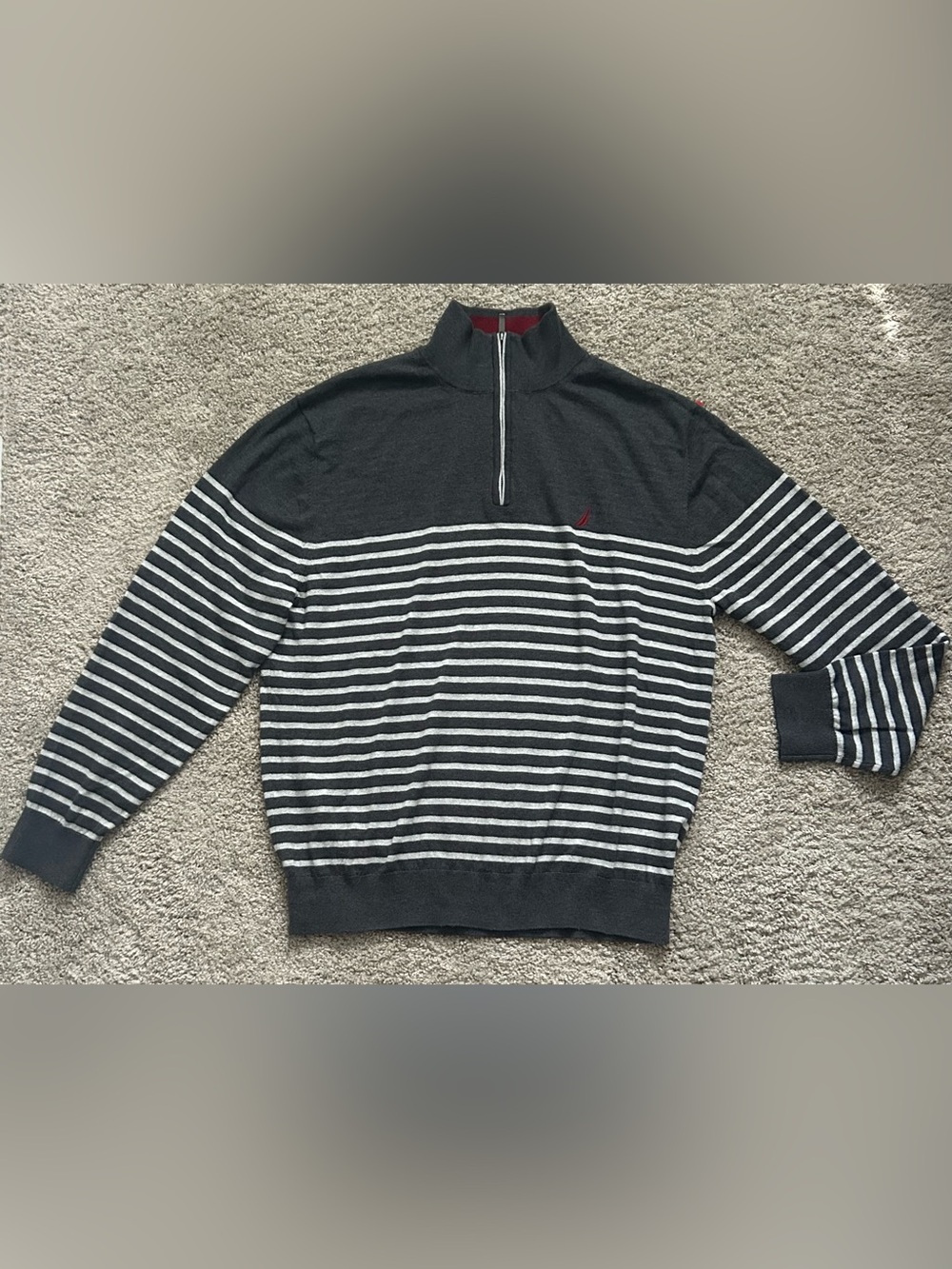 Nautica Men’s Charcoal Gray and White Half-Zip Striped Sweater